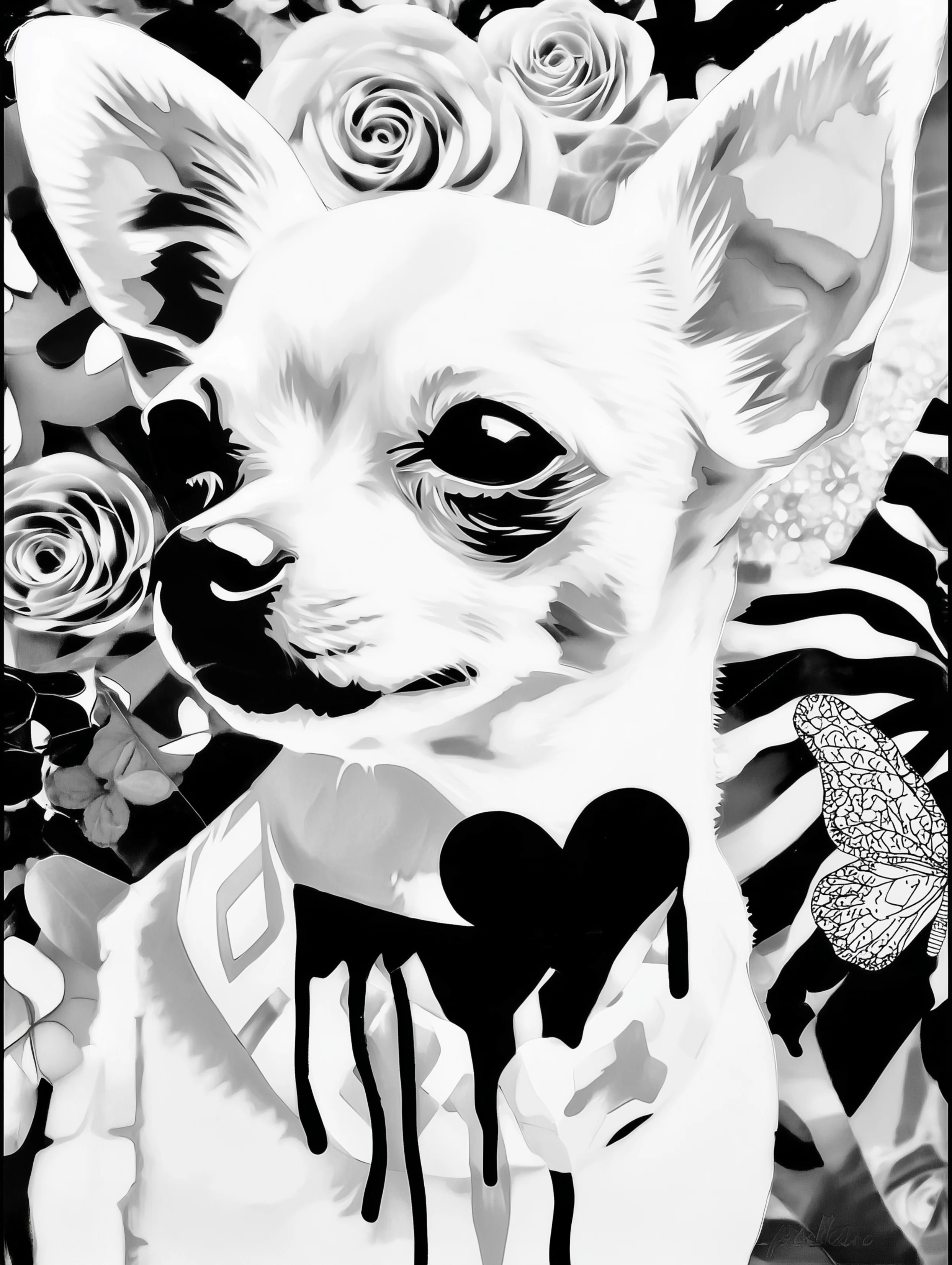 Free printable dog coloring page for adults featuring chihuahua with black heart